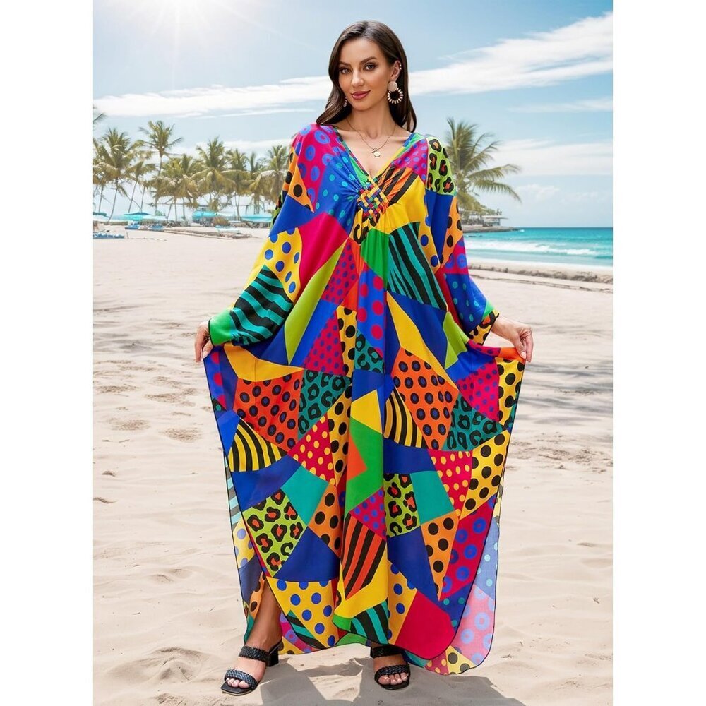 Women Colourful Polka Vneck Batwing Sleeve Flowy Split Hem Bohemian Kaftan Dress - Picture 4 of 6